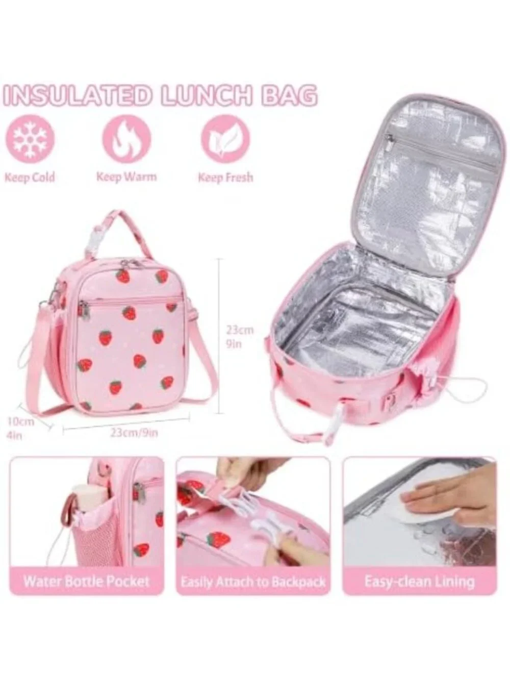 Kids Bento Box Set with Food Jar, Water Bottle & Lunch Bag - Strawberry Design